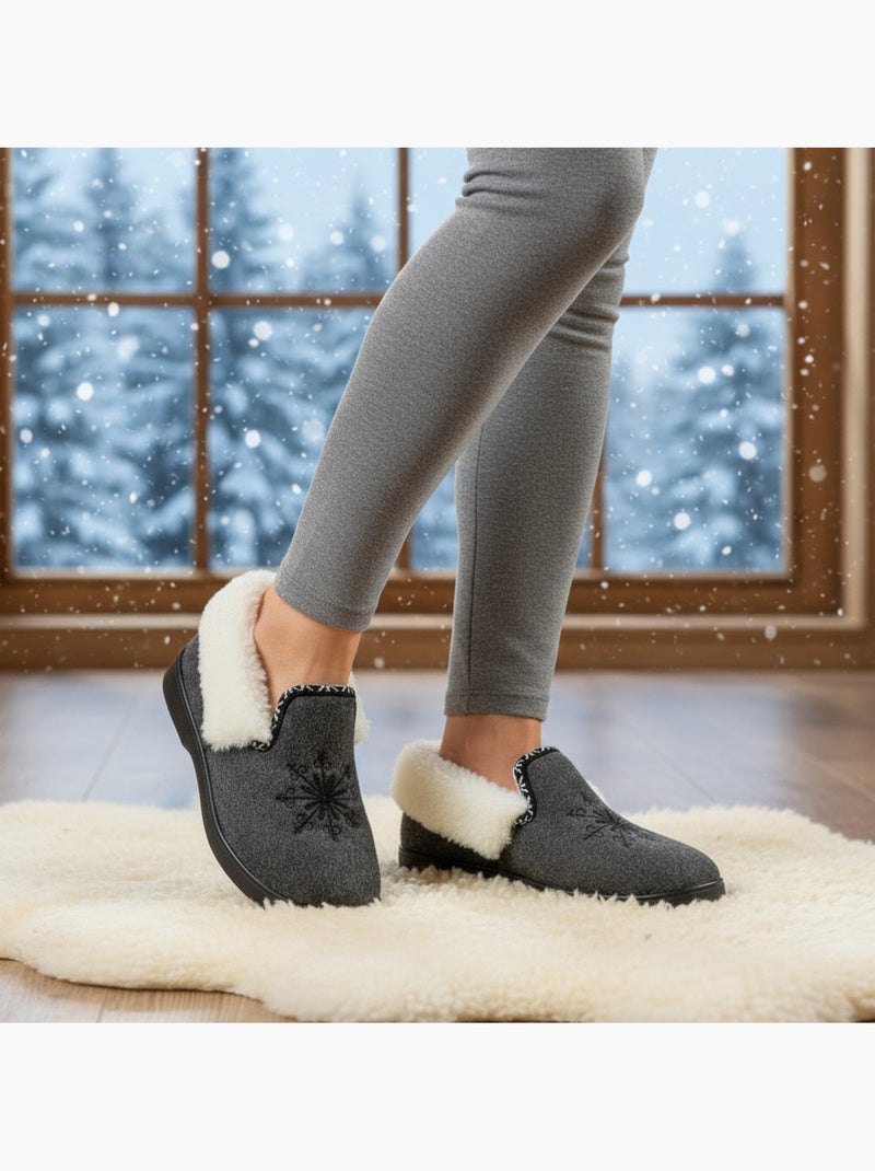 Pantofole donna ozabi invernali, ricamo fiocco, collo in pelliccia, suola estraibile Blu antracite - Kiabi
