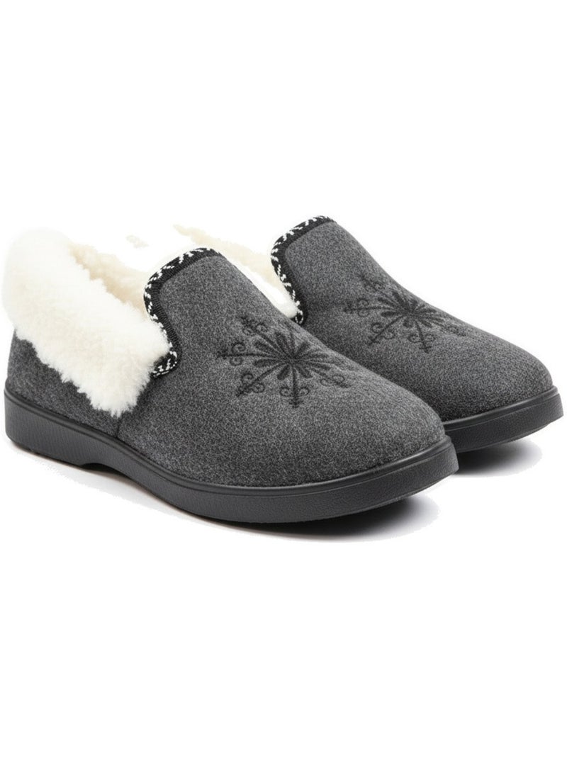 Pantofole donna ozabi invernali, ricamo fiocco, collo in pelliccia, suola estraibile Blu antracite - Kiabi