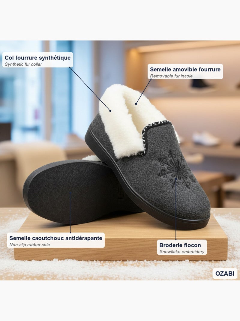Pantofole donna ozabi invernali, ricamo fiocco, collo in pelliccia, suola estraibile Blu antracite - Kiabi
