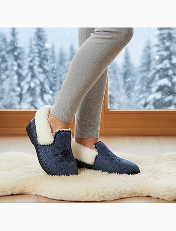 Pantofole donna ozabi invernali, ricamo fiocco, collo in pelliccia, suola estraibile
