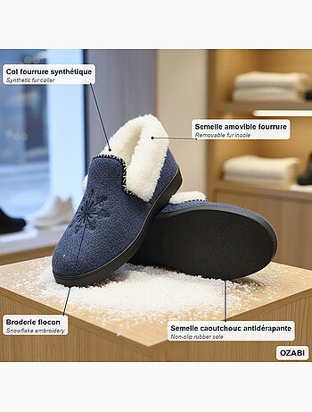 Pantofole donna ozabi invernali, ricamo fiocco, collo in pelliccia, suola estraibile