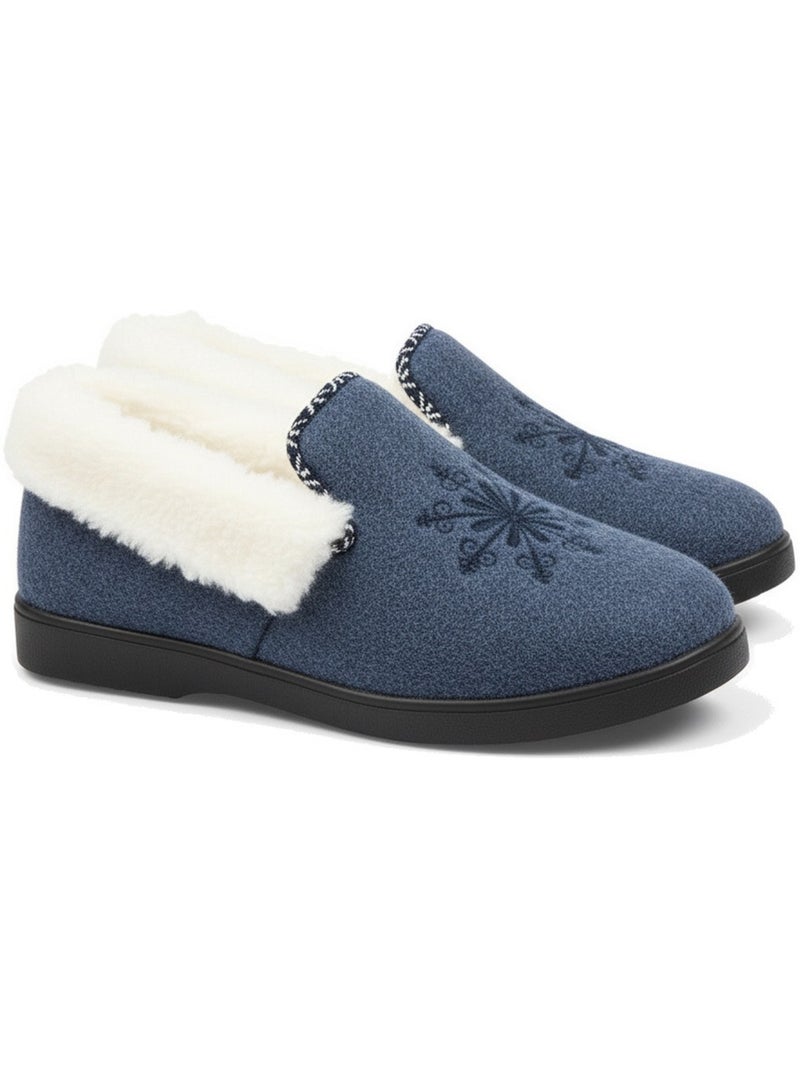 Pantofole donna ozabi invernali, ricamo fiocco, collo in pelliccia, suola estraibile Blu marino - Kiabi