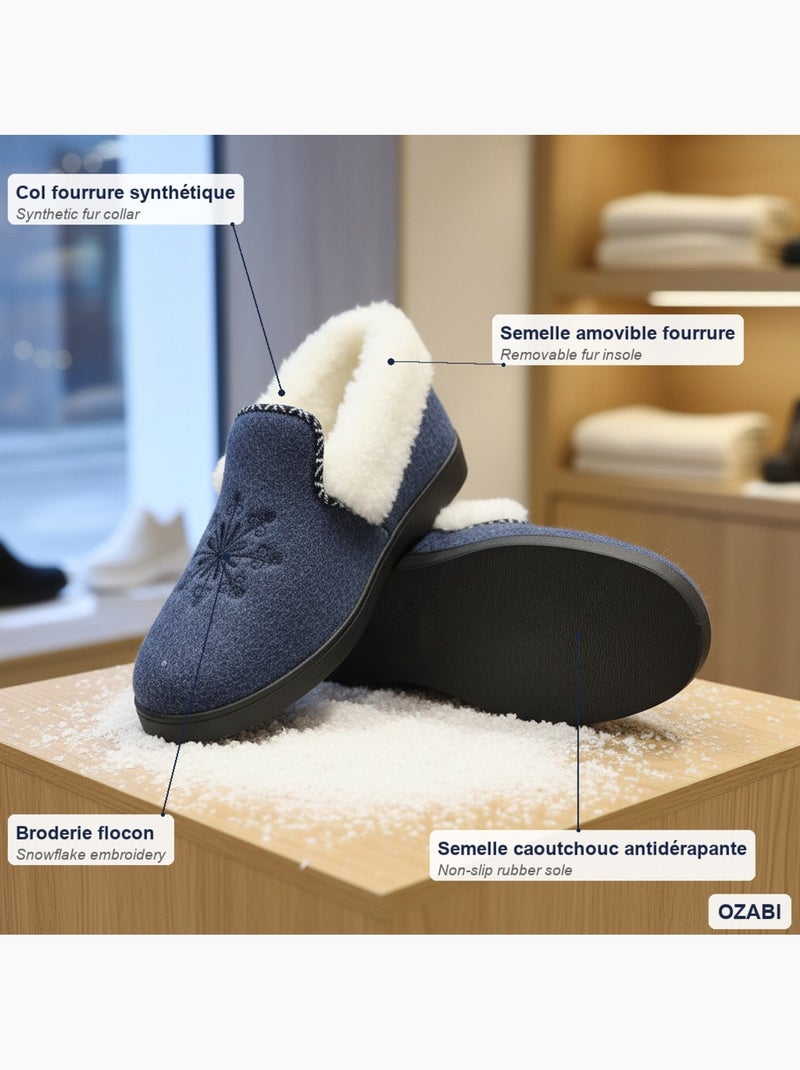 Pantofole donna ozabi invernali, ricamo fiocco, collo in pelliccia, suola estraibile Blu marino - Kiabi