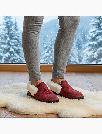 Pantofole donna ozabi invernali, ricamo fiocco, collo in pelliccia, suola estraibile