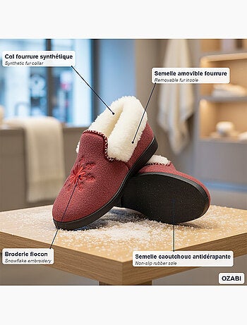 Pantofole donna ozabi invernali, ricamo fiocco, collo in pelliccia, suola estraibile