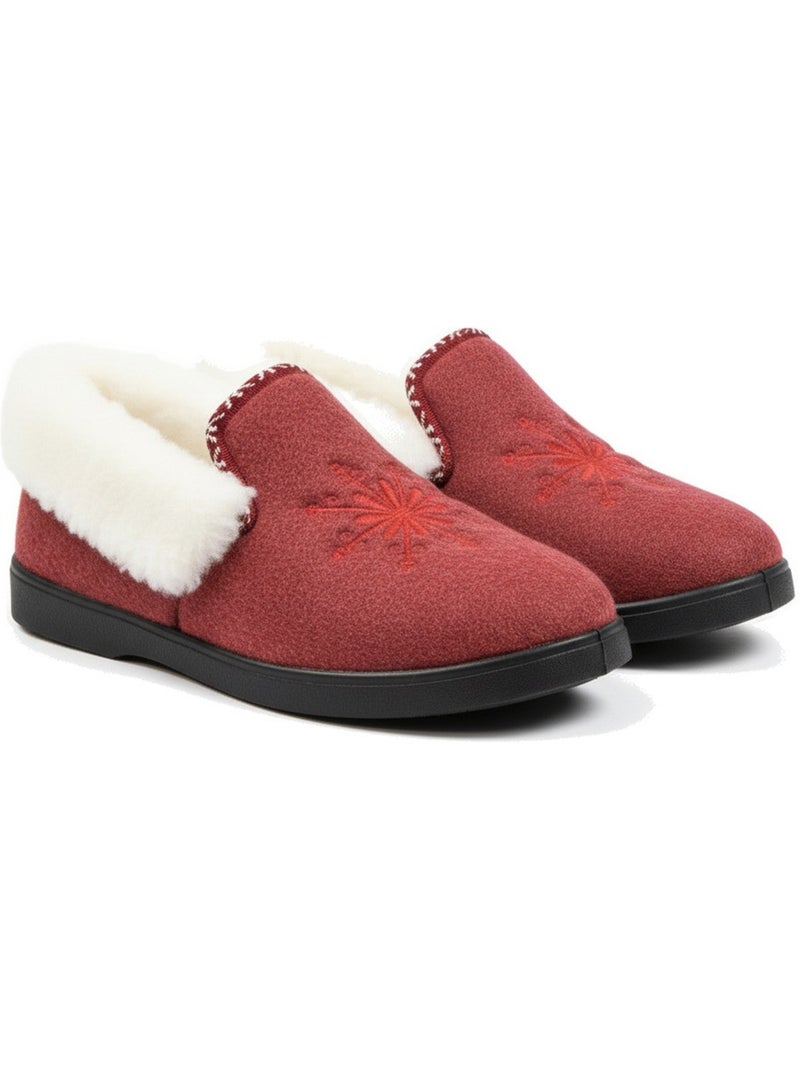 Pantofole donna ozabi invernali, ricamo fiocco, collo in pelliccia, suola estraibile Bordeaux - Kiabi