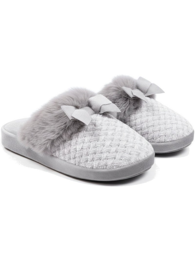 Pantofole donna ozabi, maglia lurex, collo pelliccia sintetica e fiocco Grigio - Kiabi