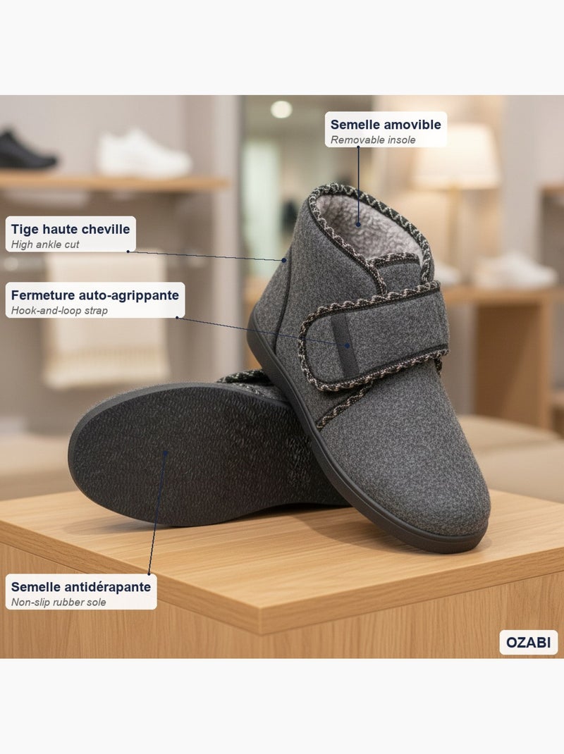 Pantofole donna ozabi tige alta, chiusura autoadesiva, feltro Blu antracite - Kiabi