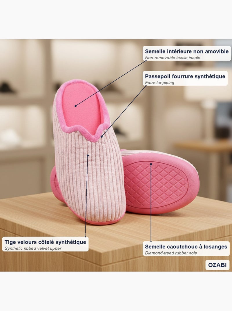 Pantofole donna tinta unita velluto a coste sintetico ozabi Rosa - Kiabi