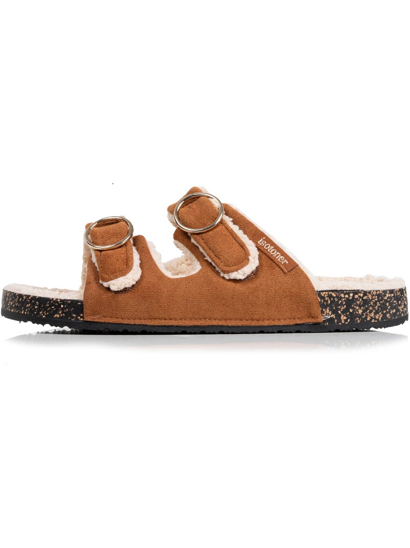 Pantofole mules aperte tacco a toppa ultraconfortevole, pelle donna Isotoner Cammello - Kiabi