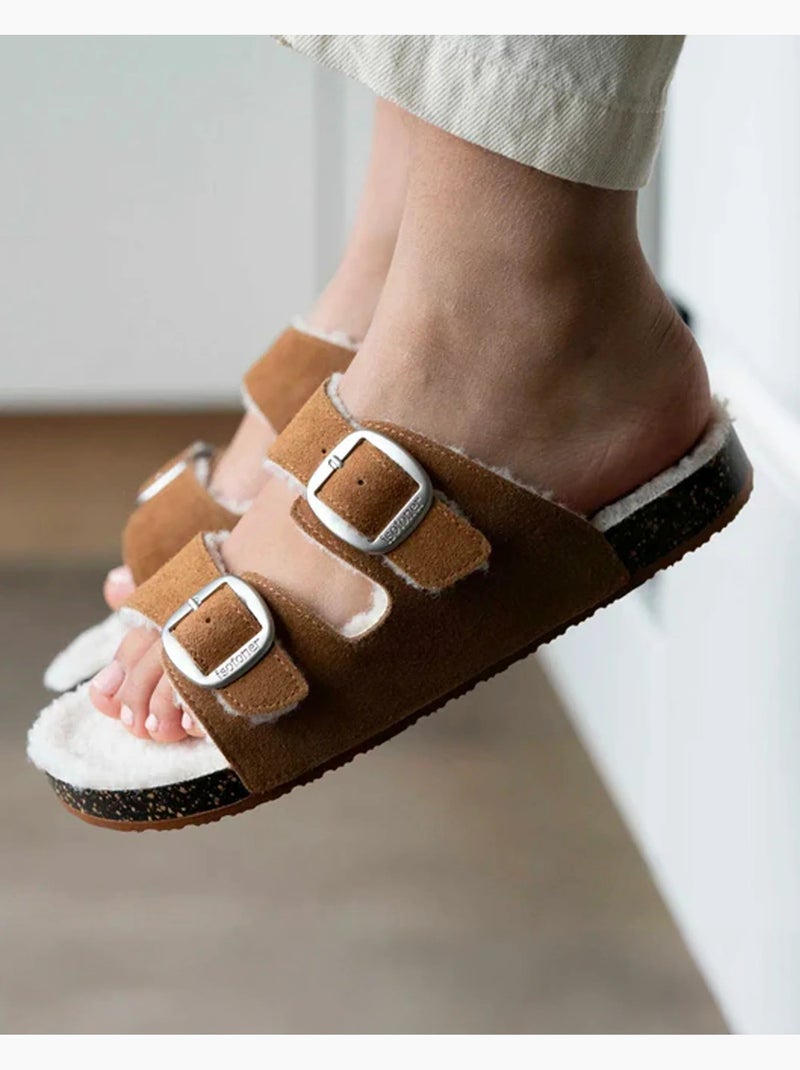 Pantofole mules aperte ultraconfortevole, in pelle donna Isotoner Cammello - Kiabi