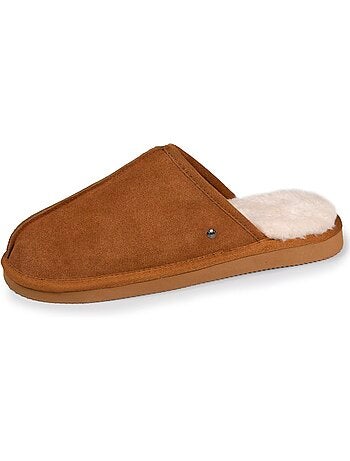 Pantofole mules in pelle con fodera in pelliccia uomo isotoner