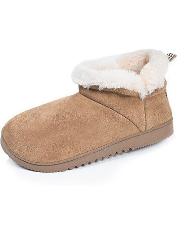 Pantofole stivaletti pelle color cammello, suola in gomma donna isotoner