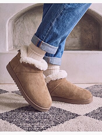 Pantofole stivaletti pelle color cammello, suola in gomma donna isotoner