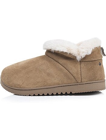 Pantofole stivaletti pelle color cammello, suola in gomma donna isotoner