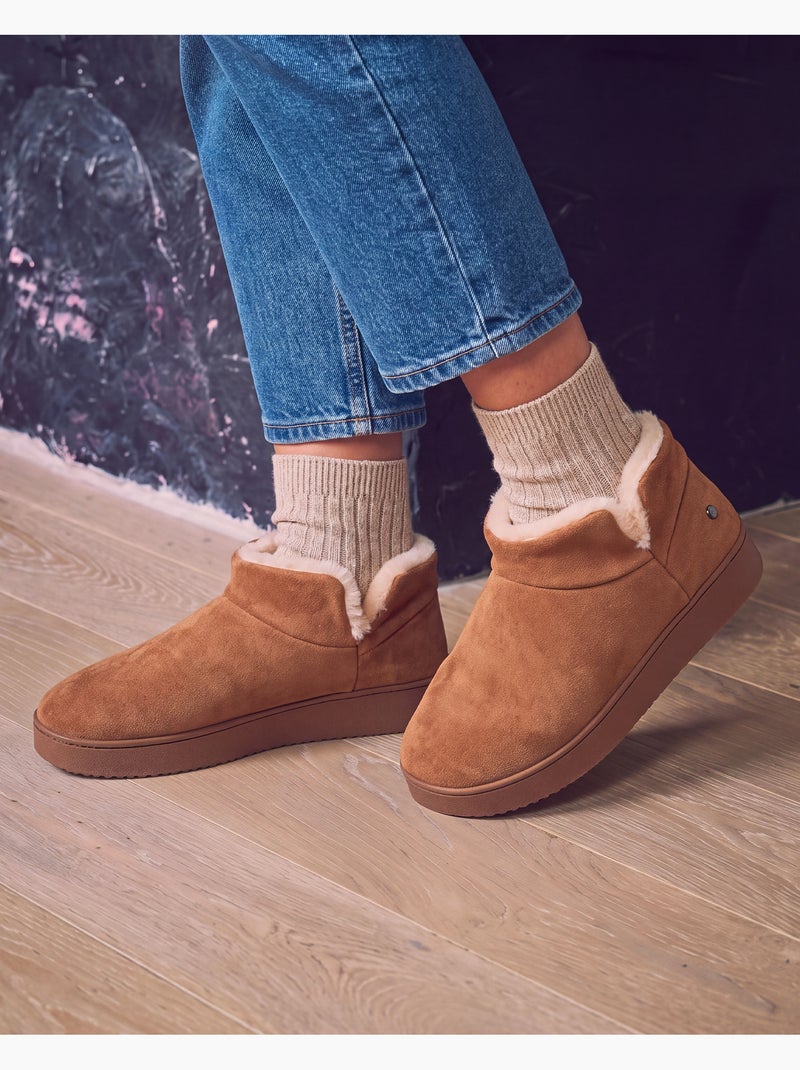 Pantofole stivaletti tomaia in pelle, suola con plateau donna isotoner Cammello - Kiabi