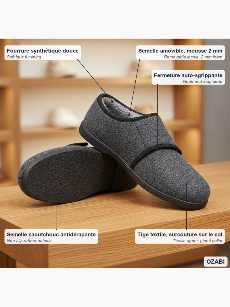 Pantofole uomo ozabi charentaise fodrrate banda autoadesiva suola antiscivolo Blu antracite - Kiabi