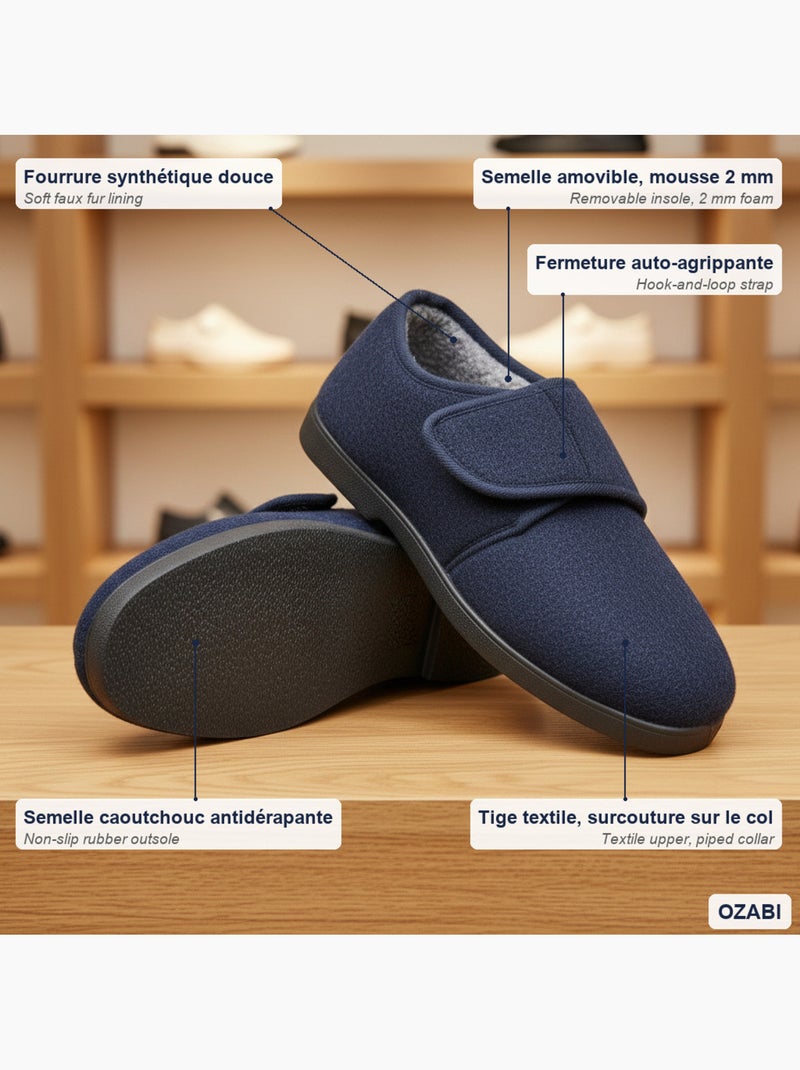Pantofole uomo ozabi charentaise fodrrate banda autoadesiva suola antiscivolo Blu marino - Kiabi