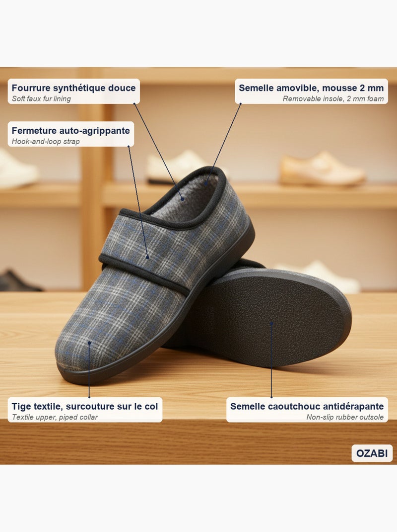 Pantofole uomo ozabi charentaise fodrrate banda autoadesiva suola antiscivolo Grigio - Kiabi