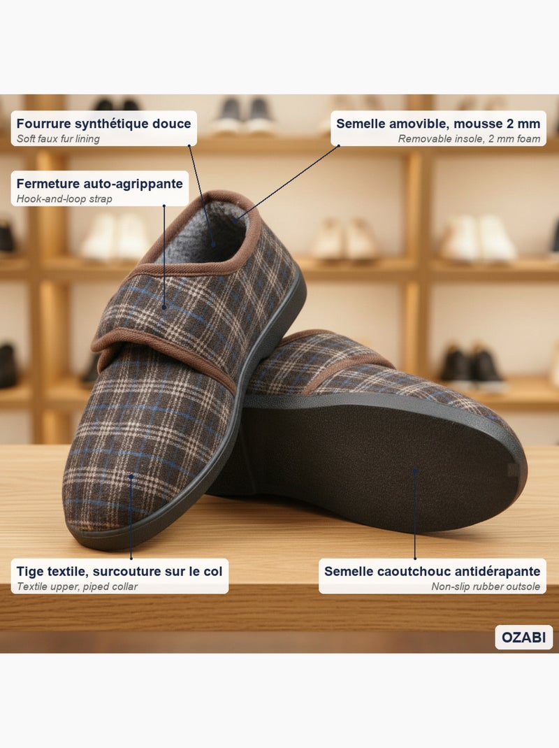 Pantofole uomo ozabi charentaise fodrrate banda autoadesiva suola antiscivolo Marrone scuro - Kiabi