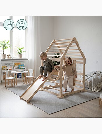 Parco giochi interno in legno casa con scivolo e rete da arrampicata – Mamabrum