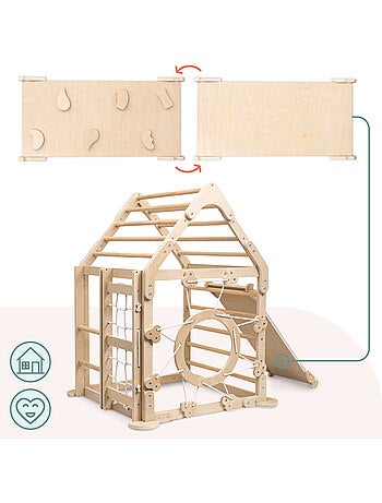 Parco giochi interno in legno casa con scivolo e rete da arrampicata – Mamabrum