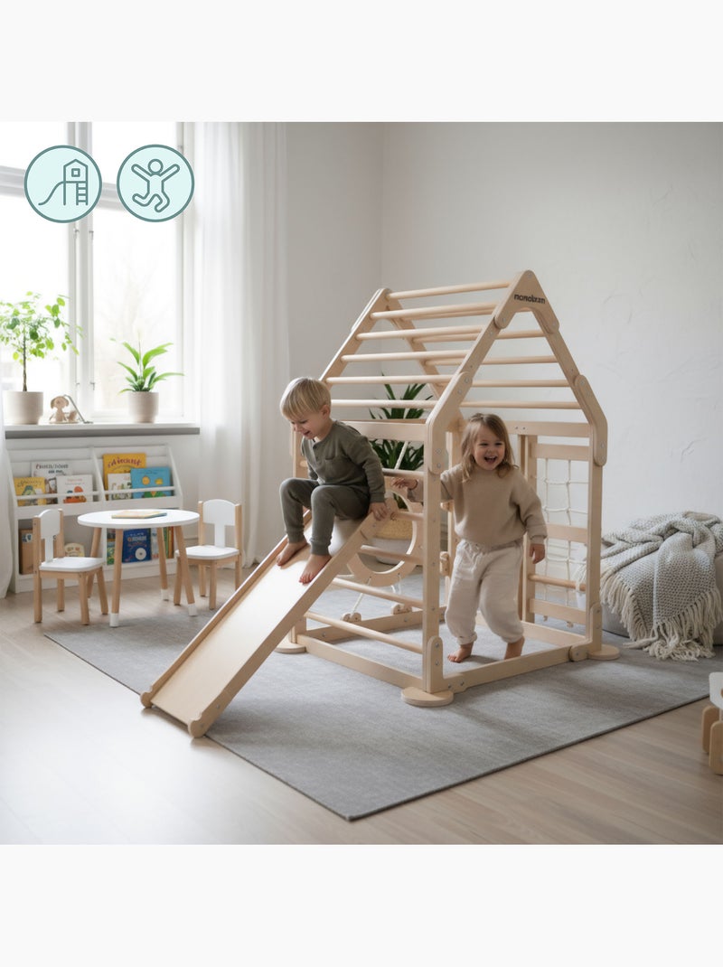 Parco giochi interno in legno casa con scivolo e rete da arrampicata – Mamabrum N/D - Kiabi