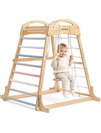 Parco giochi interno in legno con altalena, anelli ginnastica e rete – Mamabrum