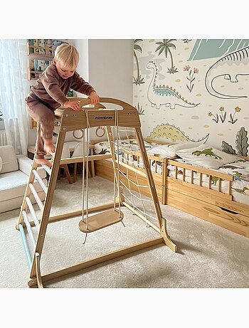 Parco giochi interno in legno con altalena, anelli ginnastica e rete – Mamabrum