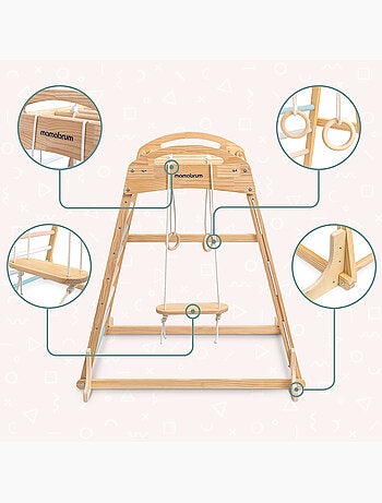 Parco giochi interno in legno con altalena, anelli ginnastica e rete – Mamabrum