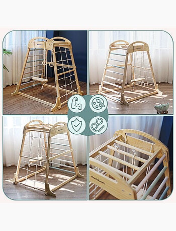 Parco giochi interno in legno con altalena, anelli ginnastica e rete – Mamabrum