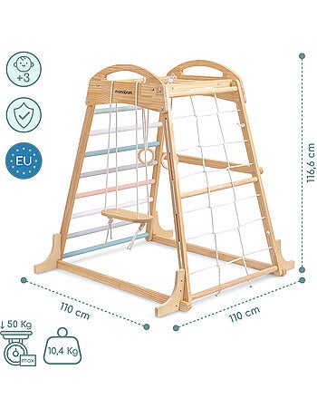 Parco giochi interno in legno con altalena, anelli ginnastica e rete – Mamabrum