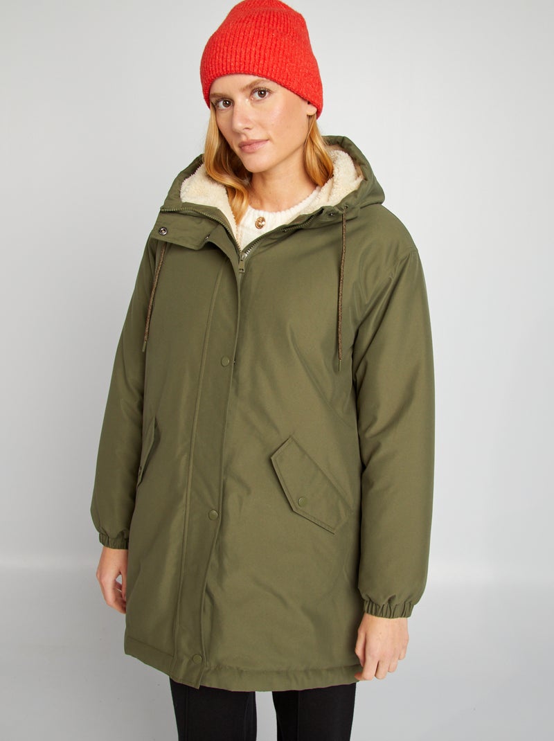 Parka con cappuccio foderato effetto montone KAKI - Kiabi