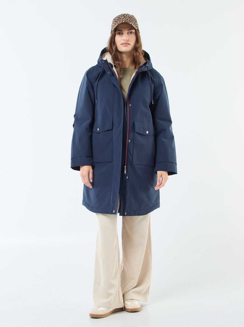 Parka lungo con cappuccio e fodera effetto montone Blu - Kiabi