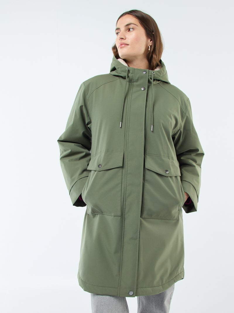 Parka lungo con cappuccio e fodera effetto montone Verde - Kiabi