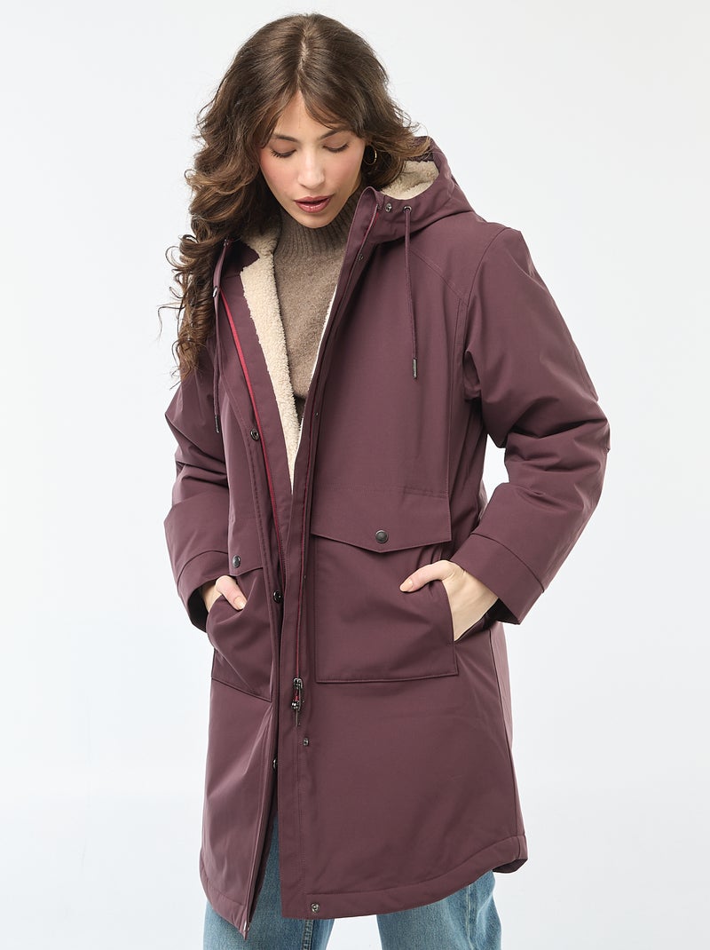Parka lungo con cappuccio e fodera effetto montone Viola - Kiabi