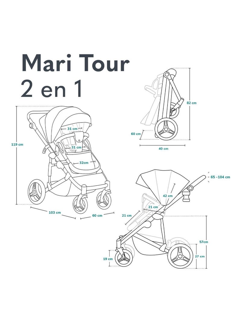 Passeggino Lionelo Mari Tour 2 in 1 - Ruote grandi - Parapioggia e altro ancora Grigio - Kiabi