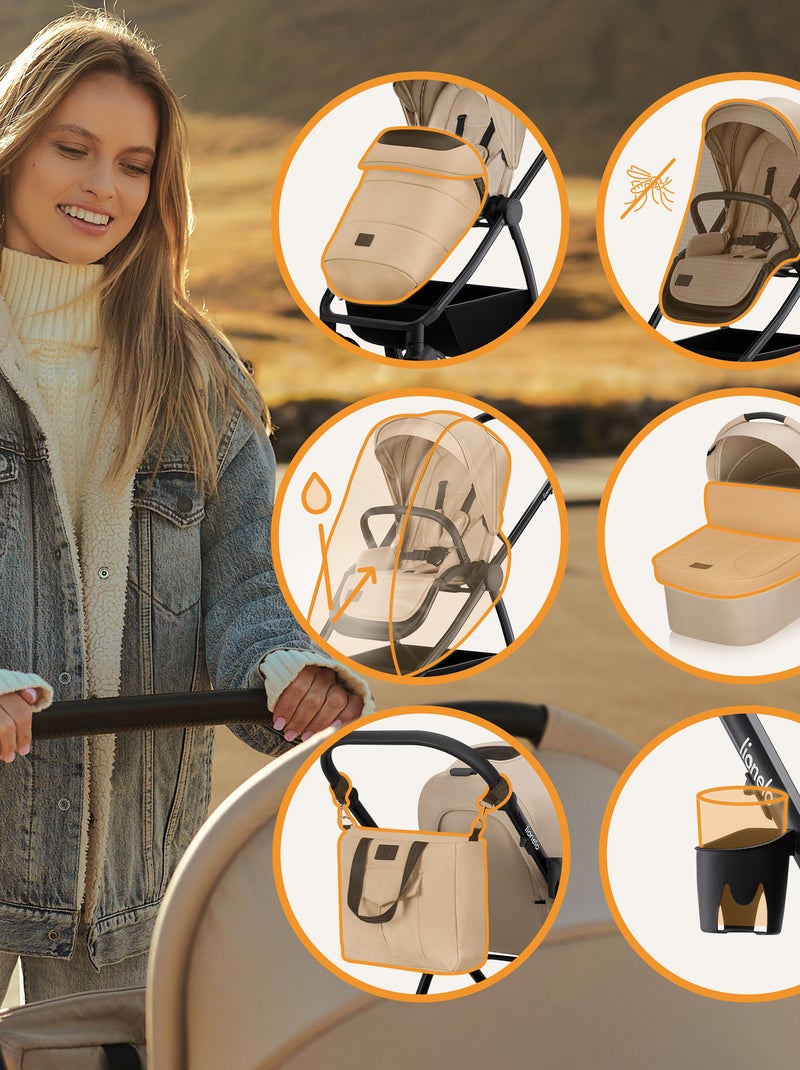 Passeggino LIONELO Meril 3 in 1: passeggino, navicella, seggiolino auto, borsa e accessori Beige - Kiabi