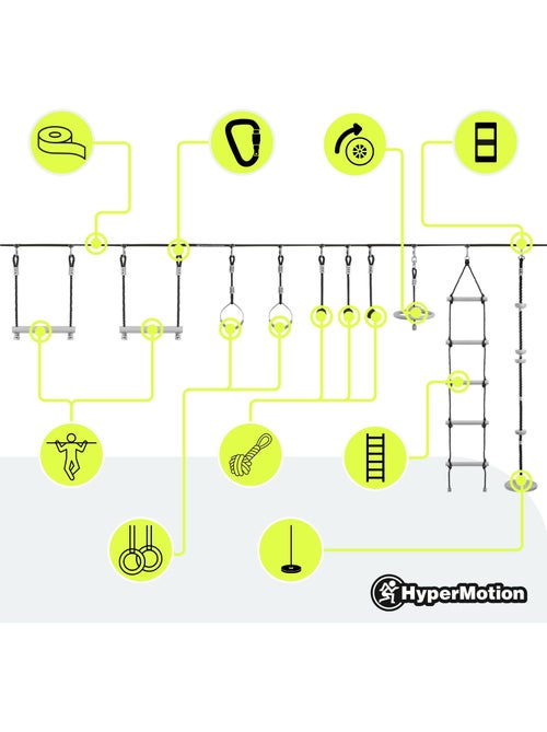 Percorso a Ostacoli Ninja HyperMotion - Slackline 15 m e 10 Accessori - Giardino Sportivo - Kiabi