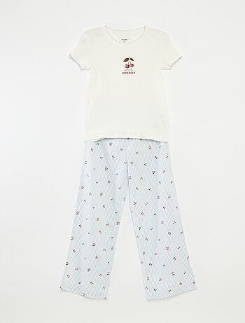 Pigiama 2 pezzi in cotone t-shirt a coste + pantaloni in popeline 2 pezzi