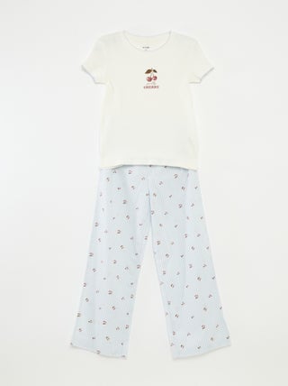 Pigiama 2 pezzi in cotone t-shirt a coste + pantaloni in popeline 2 pezzi