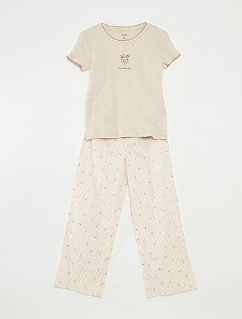Pigiama 2 pezzi in cotone t-shirt a coste + pantaloni in popeline 2 pezzi