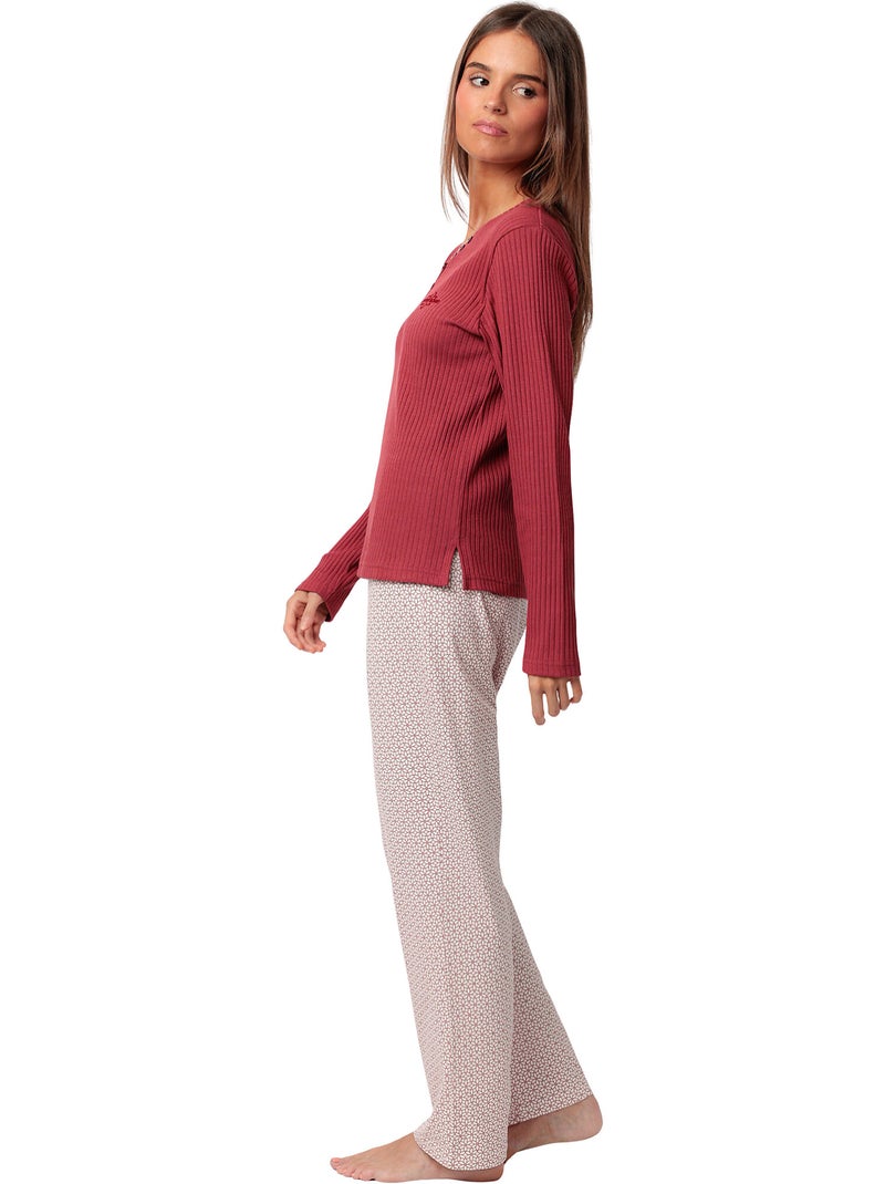 Pigiama a maniche lunghe con fiori geometrici da donna STAY AT HOME Bordeaux - Kiabi