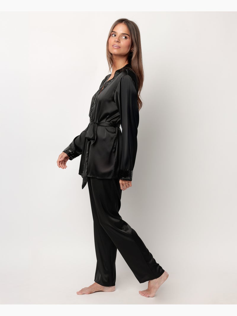 Pigiama a maniche lunghe incrociato in raso Glam Luxe da donna ADMAS LUXURY Nero - Kiabi
