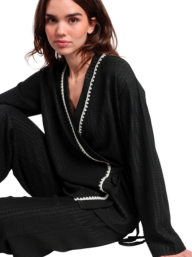 Pigiama a punto croce aperto a maniche lunghe da donna ADMAS LUXURY Nero - Kiabi