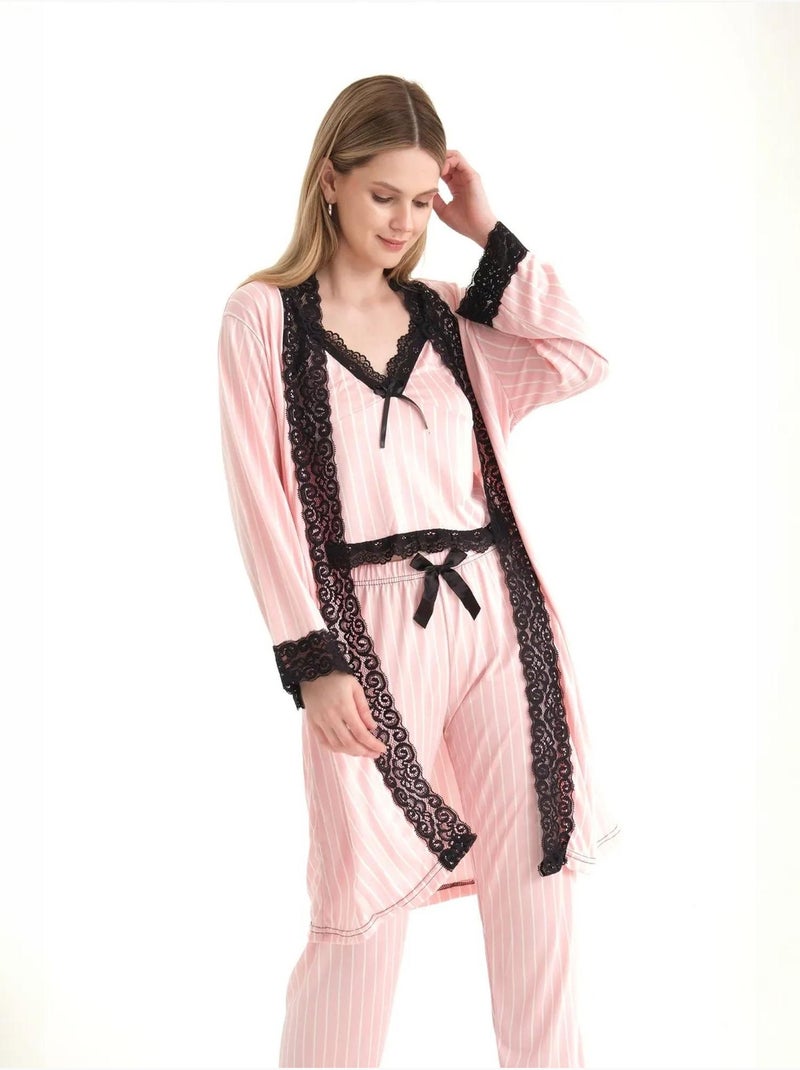 Pigiama a tre pezzi con coulisse e scollo a v a righe con vestaglia hiccup Rosa - Kiabi