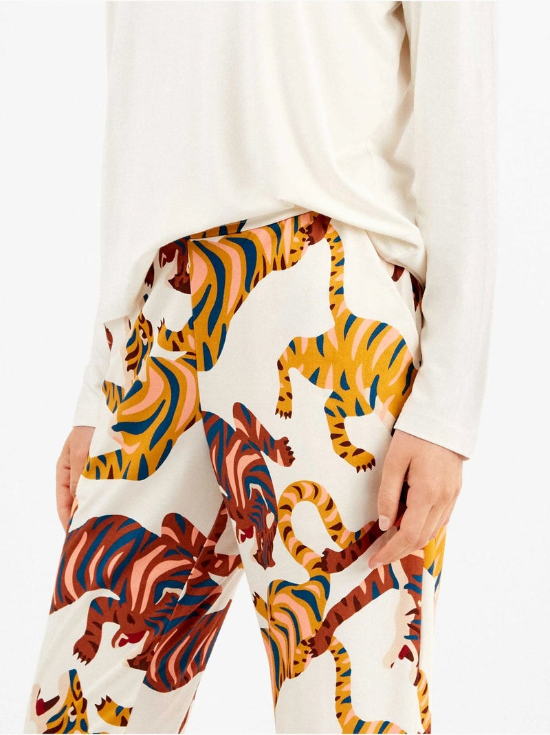 Pigiama con maglietta in pizzo e pantaloni animalier con tigri Ecru - Kiabi
