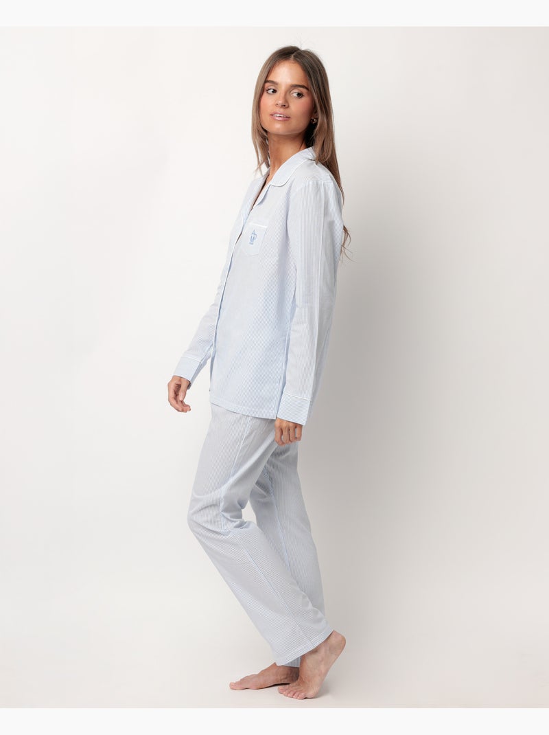 Pigiama da casa a righe in popeline aperto a maniche lunghe da donna ADMAS HOME Blu - Kiabi