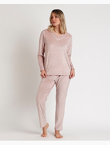 Pigiama da donna ADMAS CLASSIC in velluto a maniche lunghe con pois e pizzo