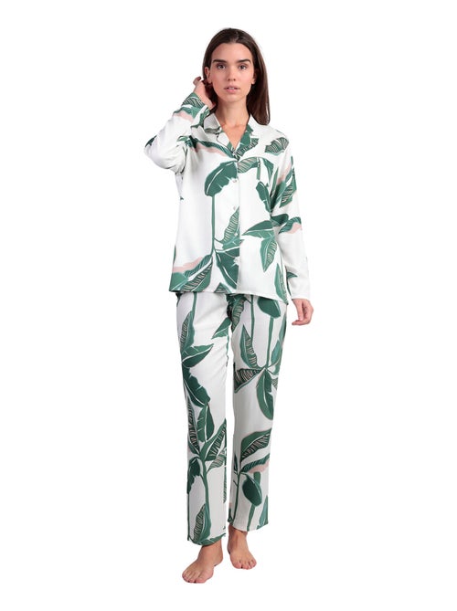 Pigiama da donna ADMAS LUXURY con maniche lunghe e apertura in popeline di lusso con foglie - Kiabi Pigiama da donna ADMAS LUXURY con maniche lunghe e apertura in popeline di lusso con foglie - Kiabi